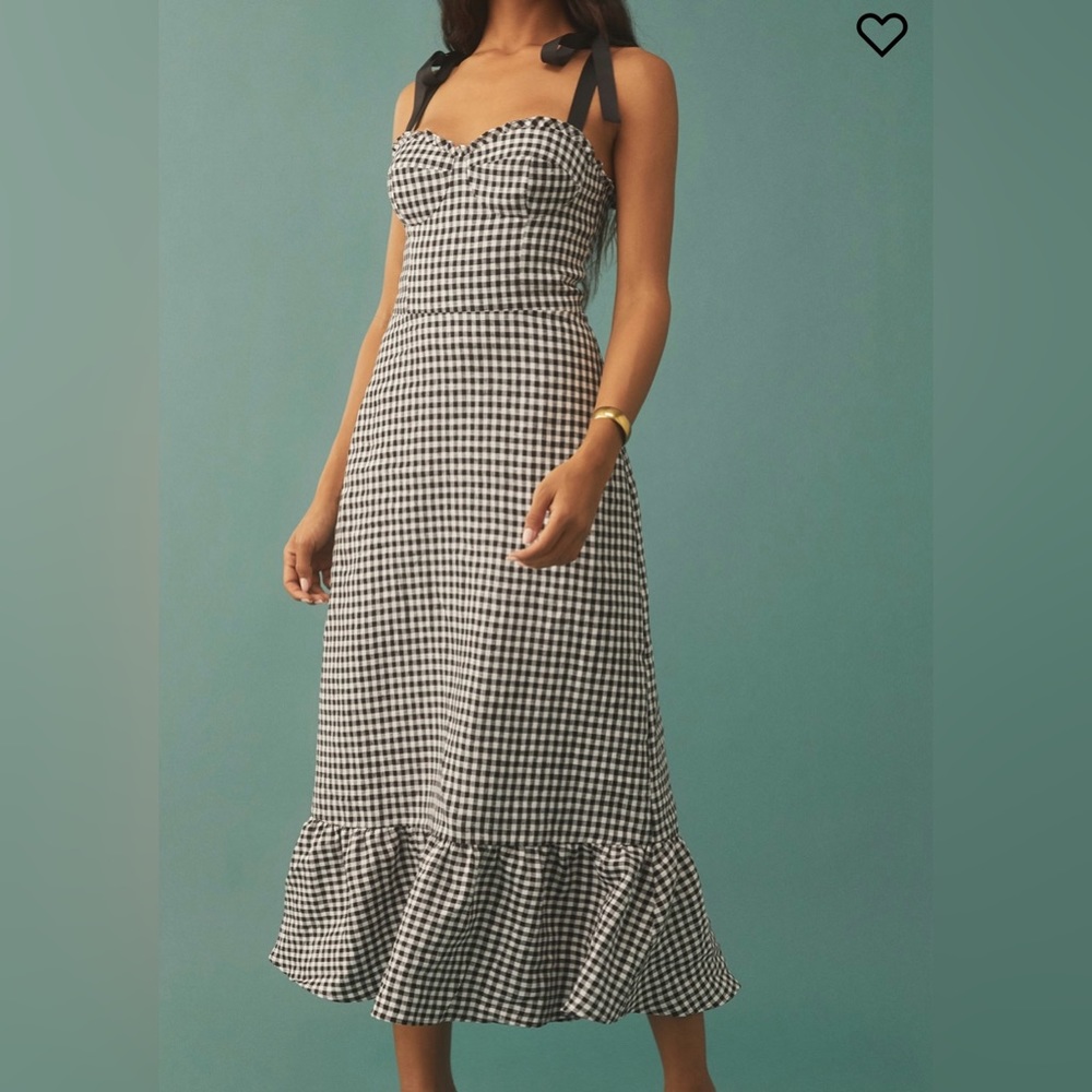 Reformation Vale Linen Dress, size 6, in black and white April check